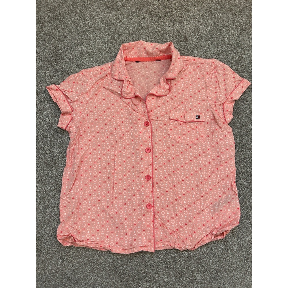 Tommy Hilfiger Pajama Top Womens Small Pink Logo Print Short Sleeve Excellent